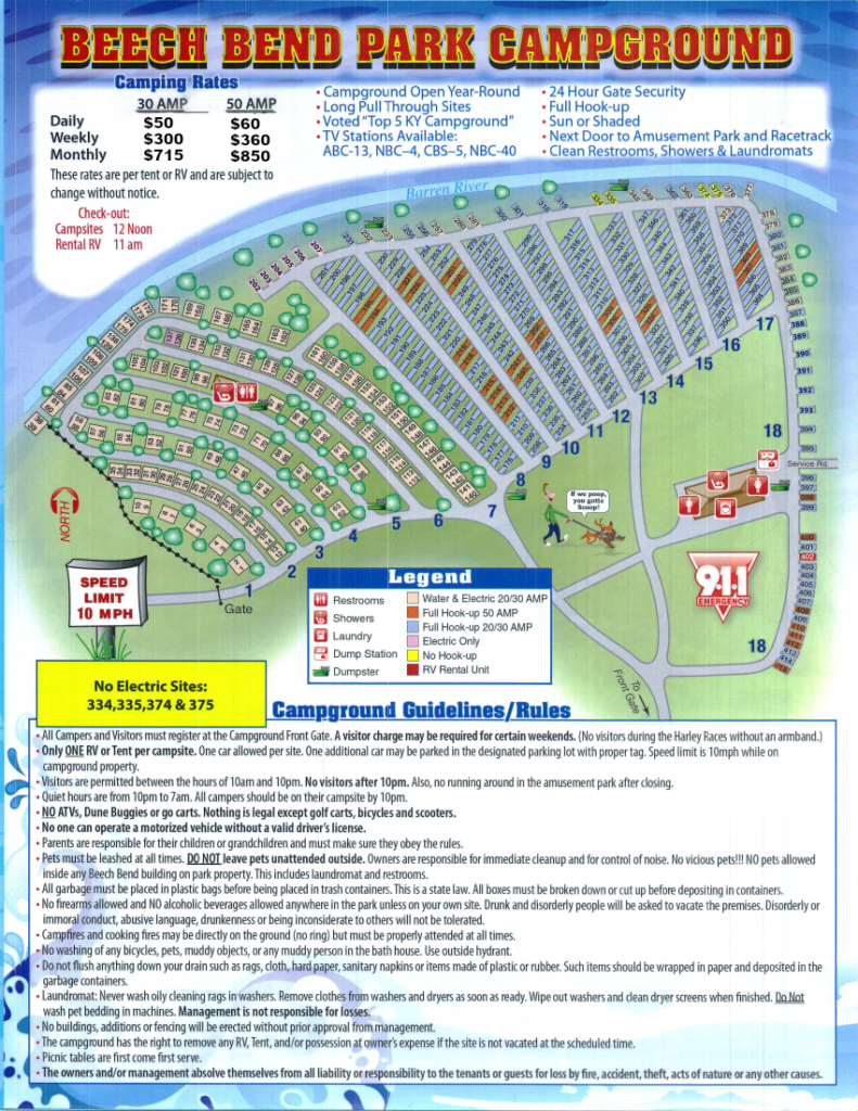 Campground Map Beech Bend Park Bowling Green, KY